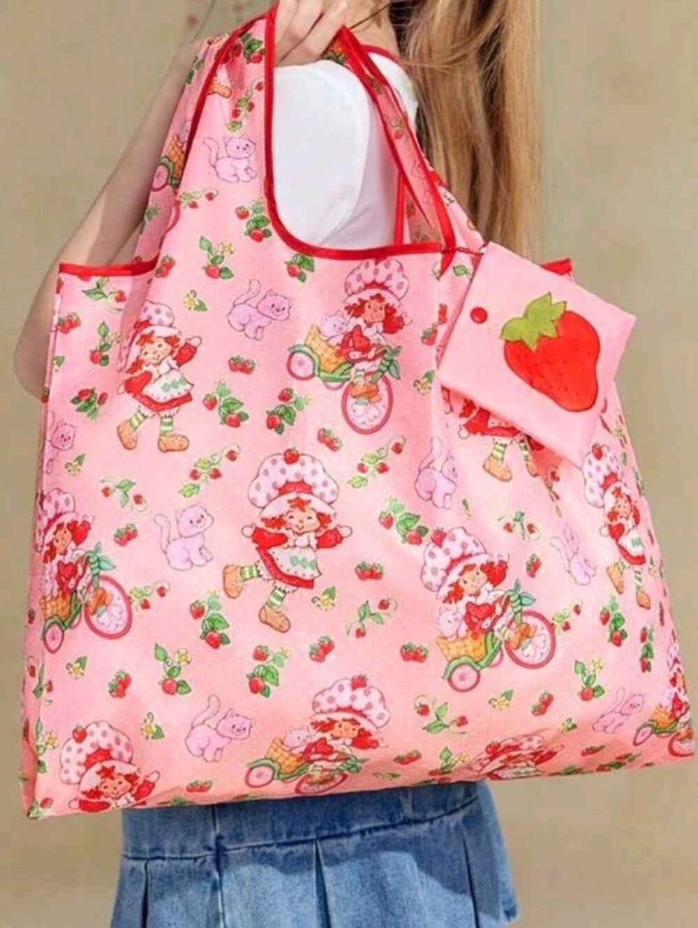 Pink Strawberry Print Foldable Tote Bag - Unbranded